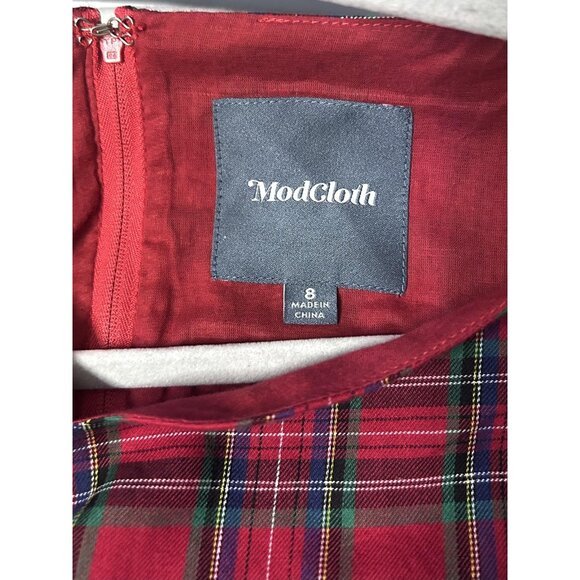 ModCloth Dress Womens 8 Red Tartan Plaid Fit & Flare Midi Holiday Party Retro - Picture 12 of 16